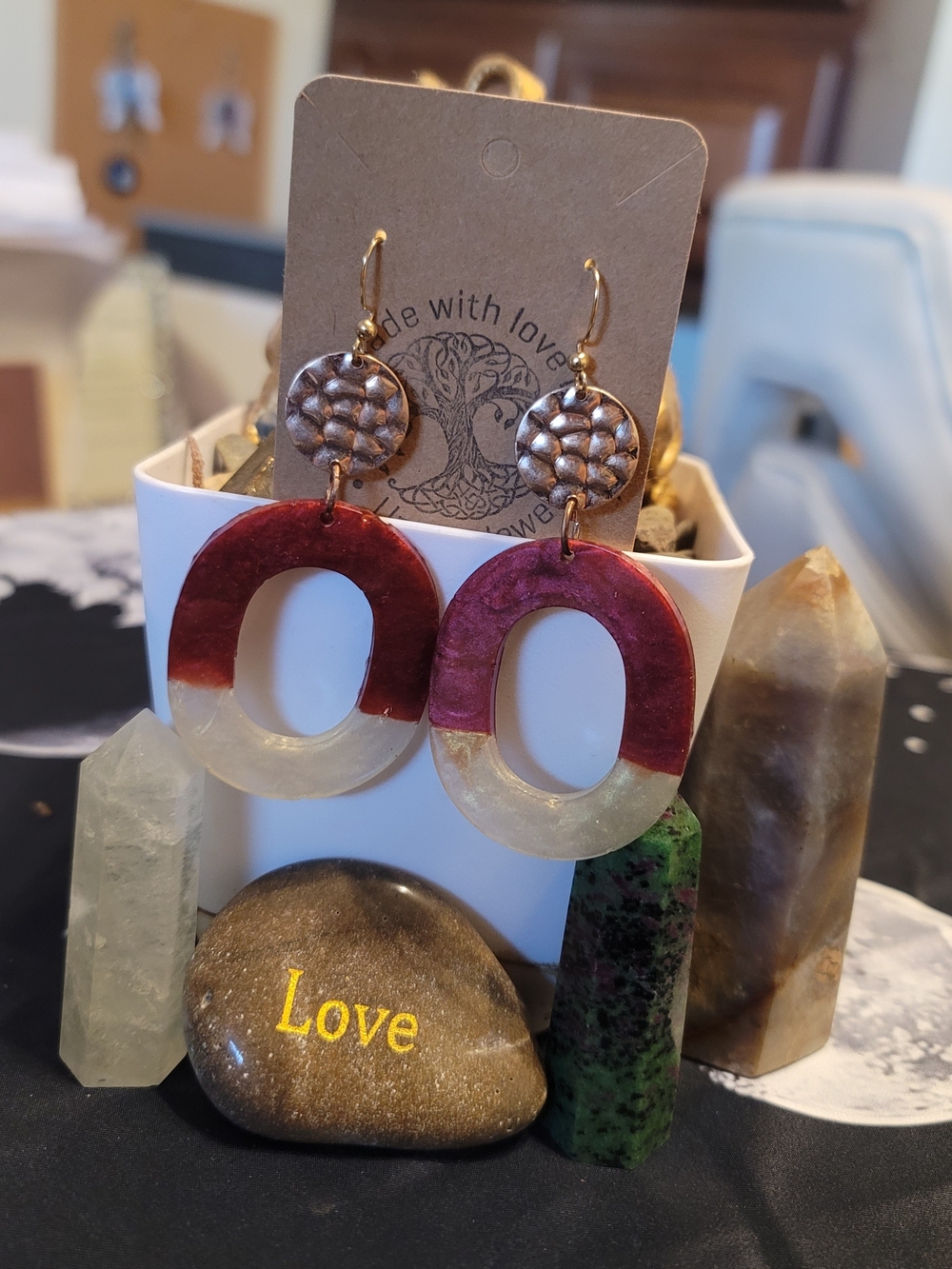 Handmade Two-Tone Burgundy and Cream Resin Earrings